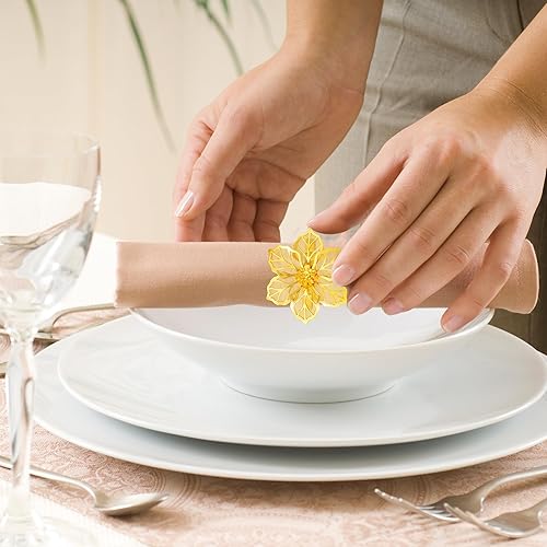 Miniatura 6 de Homotte Juego de 6 servilleteros de flores doradas, servilletas de Navidad para decoración de mesa de Acción de Gracias, banquete de Navidad,