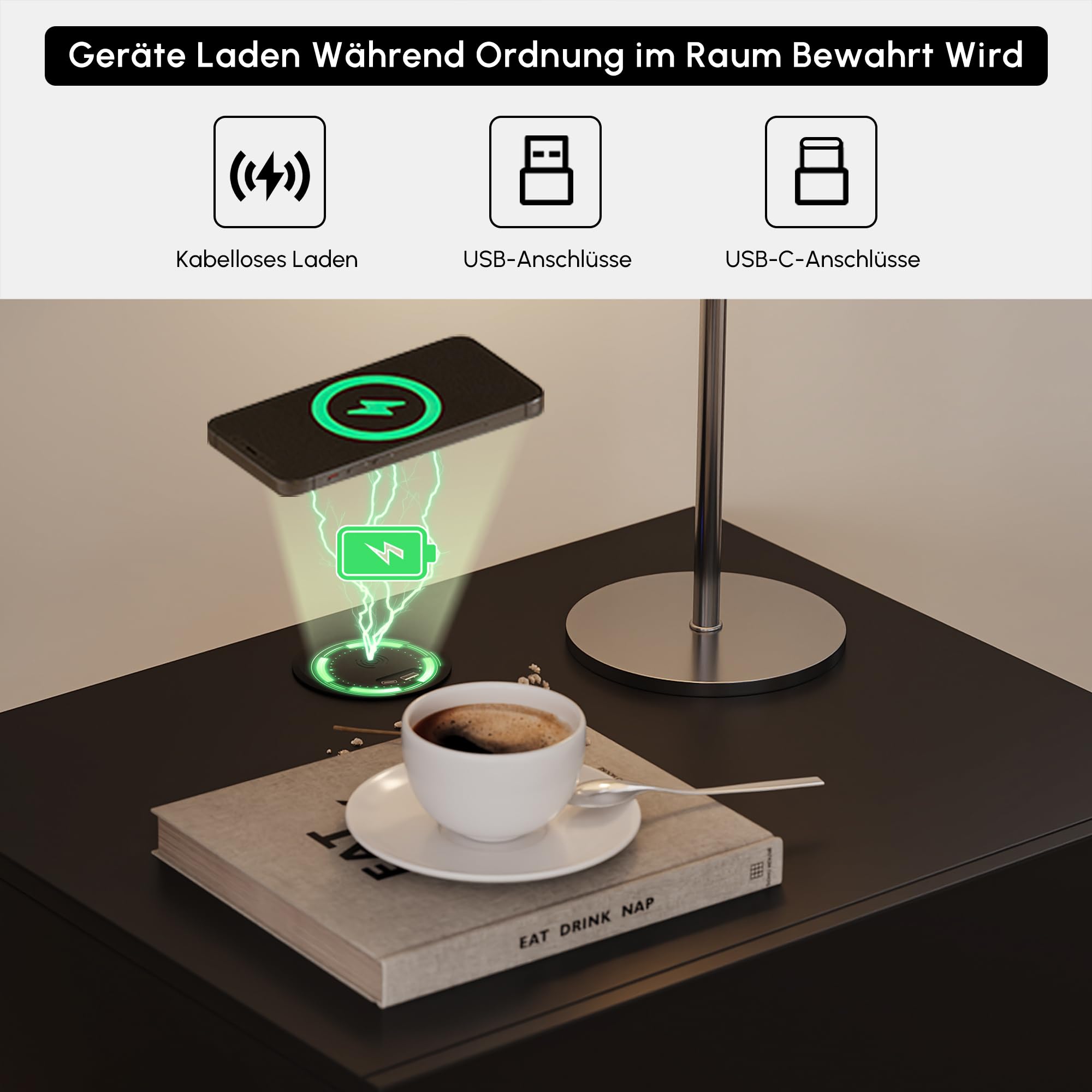 Homary Nachttisch 2er Set Schwebender Nachttisch mit 2 Schubladen, Lumio Nachttisch wandmontage mit LED-Beleuchtung und Ladestation, ideal als nachttisch hängend im Schlafzimmer in Schwarz, 2er Set