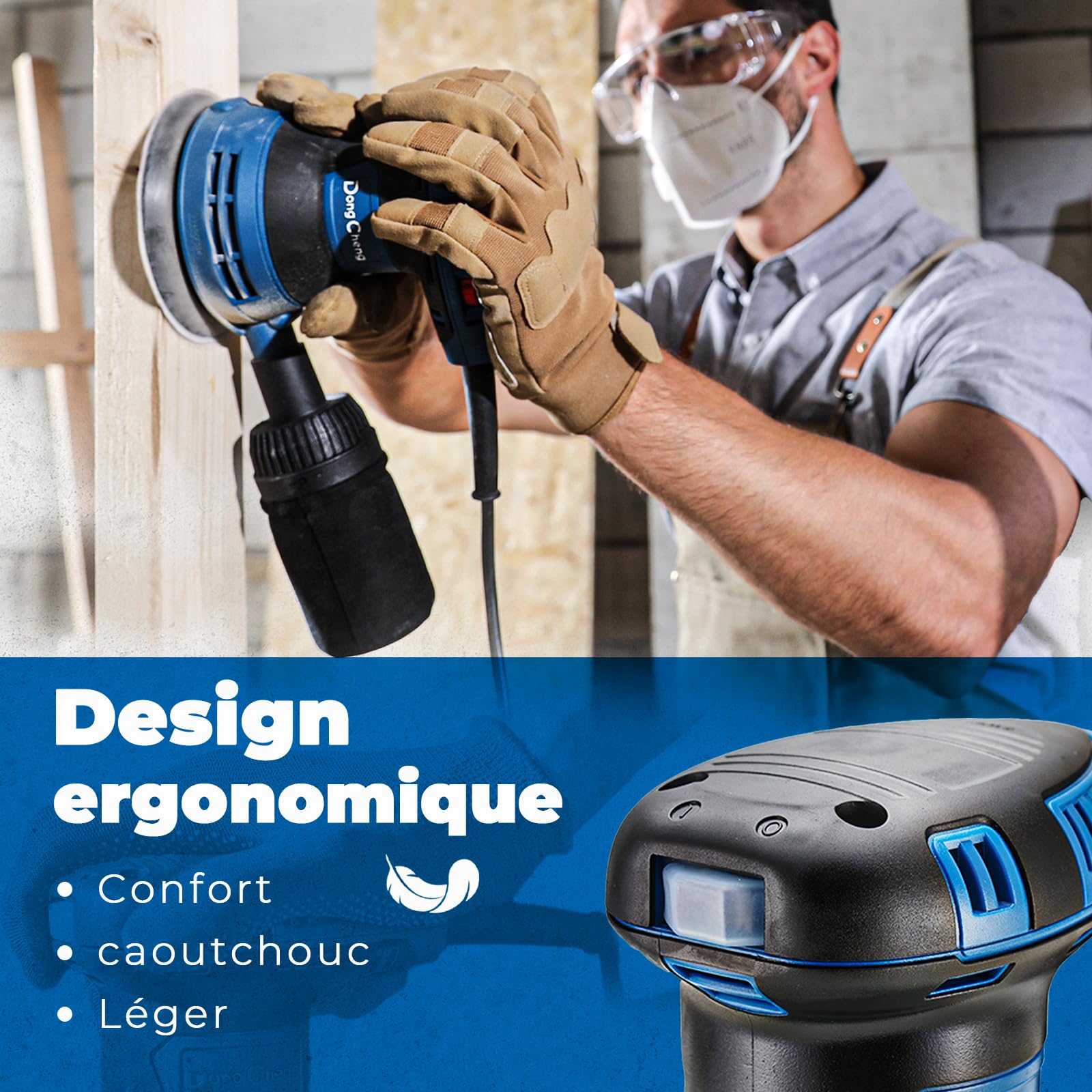 DongCheng Ponceuse excentrique 300 W, 125 mm, 6 vitesses, 4000-12000 tr/min avec dépoussiéreur et 10 types de papier de verre, Ponceuse orbitale aléatoire, idéale pour les travaux de bricolage