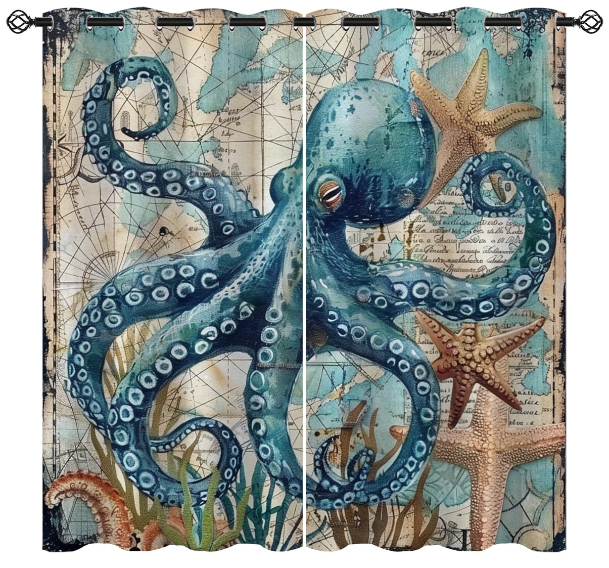 Octopus Blackout Curtains for Girls Boys Teens Home Decor, Nautical Map Ocean Animal Starfish Beach Grommet Thermal Insulated Drapes Darkening Window Curtain for Bedroom Living Room, 55 x 63 Inch