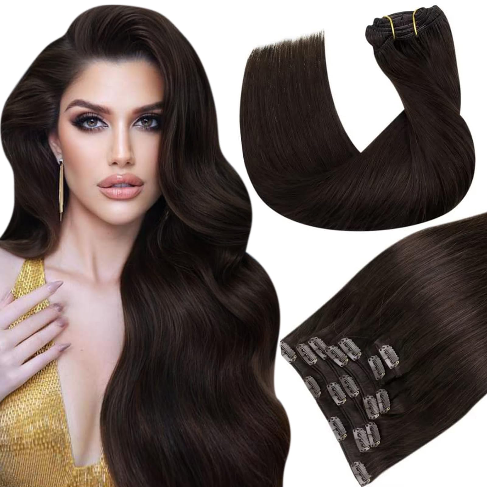 Hetto Extensiones De Clip De Pelo Natural Recta 12 Pulgadas/30cm 80g Extensiones Clip Marrón más Oscuro Pelo De Natural 7 Piezas Extensiones Clip in Cabello Humano Color #2 Marrón