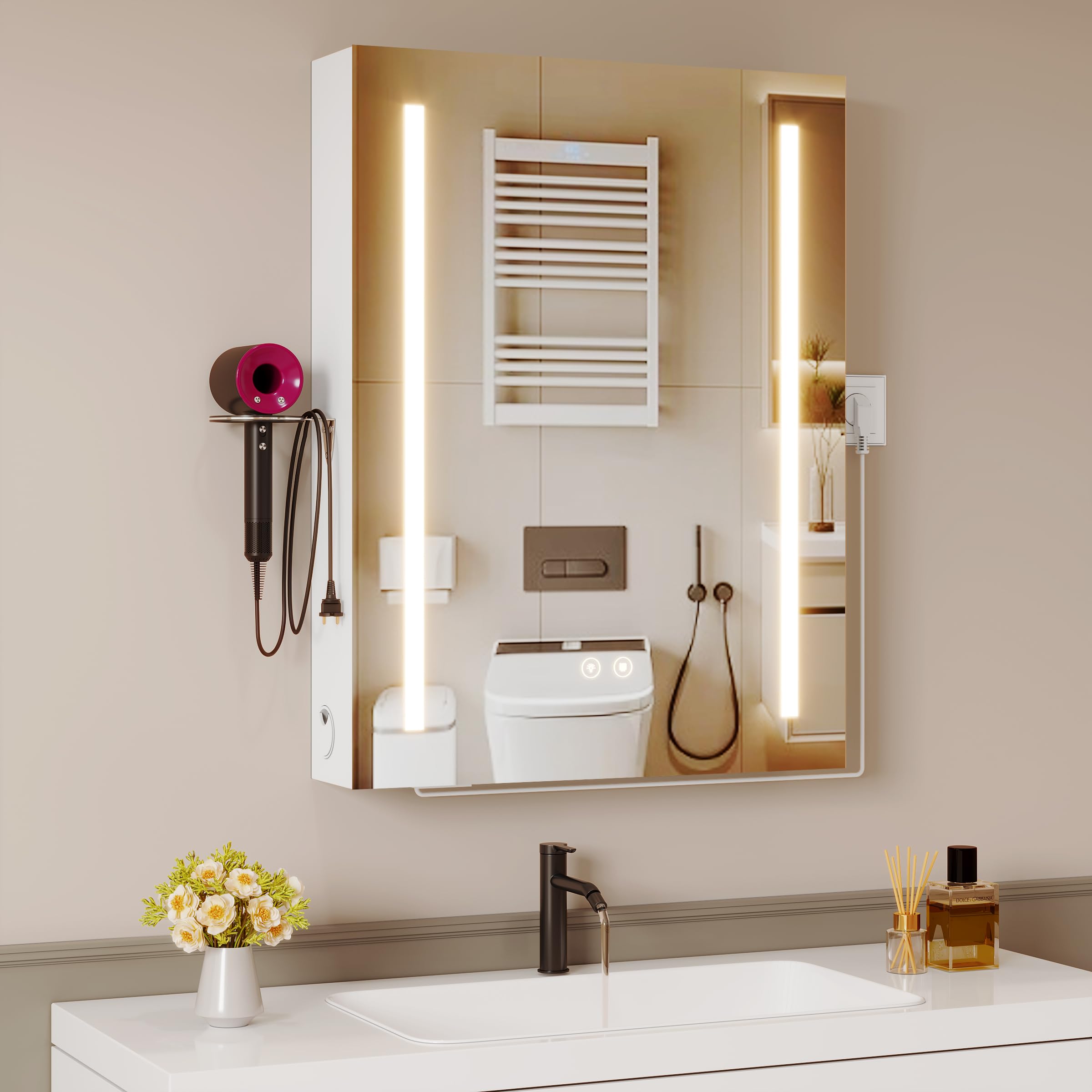 Armoire Murale Salle De Bain avec 3 Couleurs Miroir LED & 2 AC et 3 USB, Fonction DéShumidification et MéMoire,Meuble Salle De Bain Rangement avec éTagèRe RéGlable & Rangement (50x70x15cm, Blanc)
