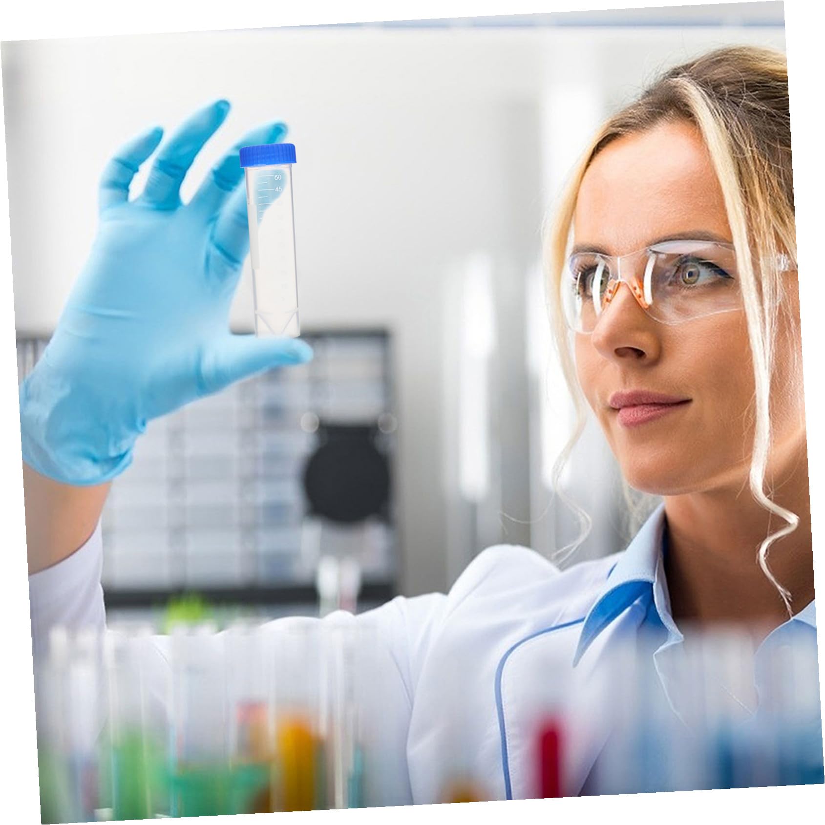 50 Provette Centrifuga in Plastica da 50ml per Analisi Biologiche, Trasparenza Ultra Alta Scala Graduata Chiara, Tappo a Vite, Autostanti per Campioni da Colore Casuale