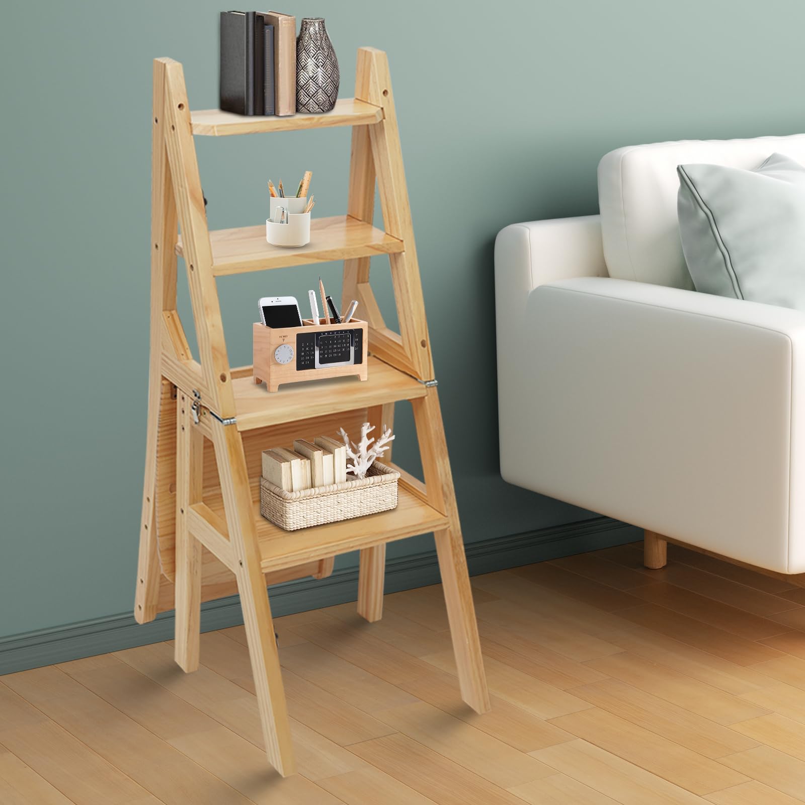 Taburete plegable de madera, 2 en 1, con cierres seguros, guante de protección, silla de escalera multifuncional para dormitorio, oficina, apartamento, cocina