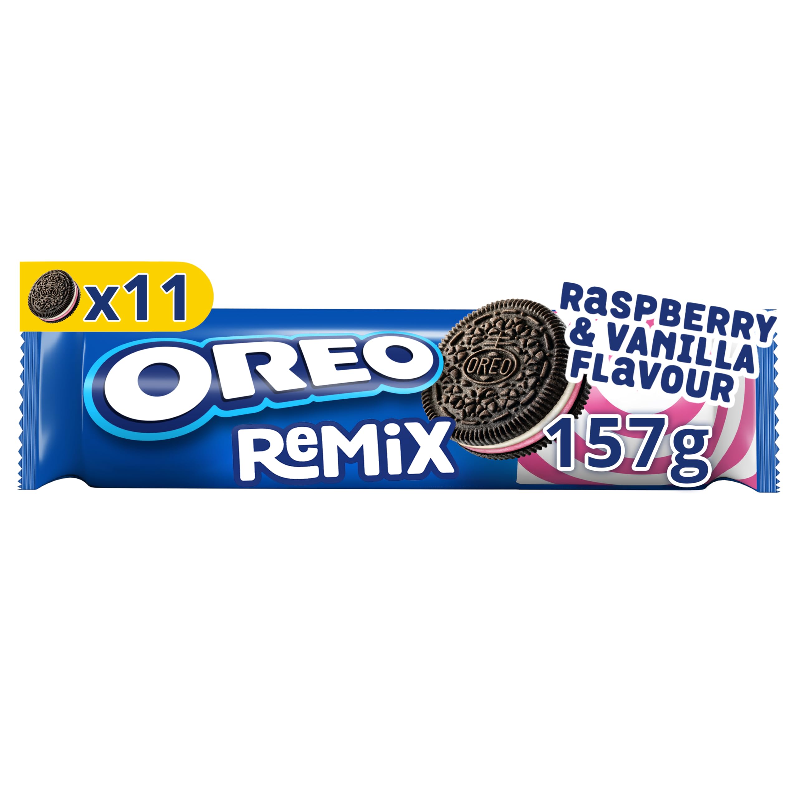 Oreo Remix Galletas Rellenas de Crema Sabor Frambuesa y Crema Sabor Vainilla, el Sabor más Innovador, Paquete de 157 g