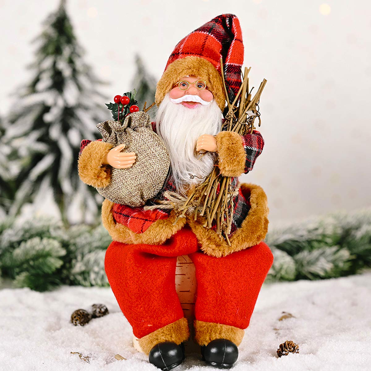 MEWTOGO Christmas Santa Claus Figurine Decoration in Red Suit- Sitting Santa Claus Doll Toy Hold Firewood and Gift Bag Xmas Table Figure Decor for Holiday Party Festival Presentt