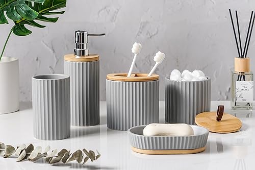 Miniatura 2 de Juego de accesorios de baño grises, contemporáneo y elegante juego de accesorios de baño de cerámica de 5 piezas con soporte para cepillo de