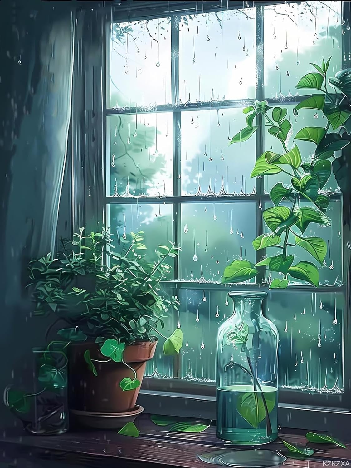 KZKZXA 5D Diamond Painting Kits The Rainy Day Windowsill Diamond Art Kits for Adults DIY Rain Round Full Drill Paintings with Diamonds Gem Art for Adults Home Wall Decor 12x16 inch