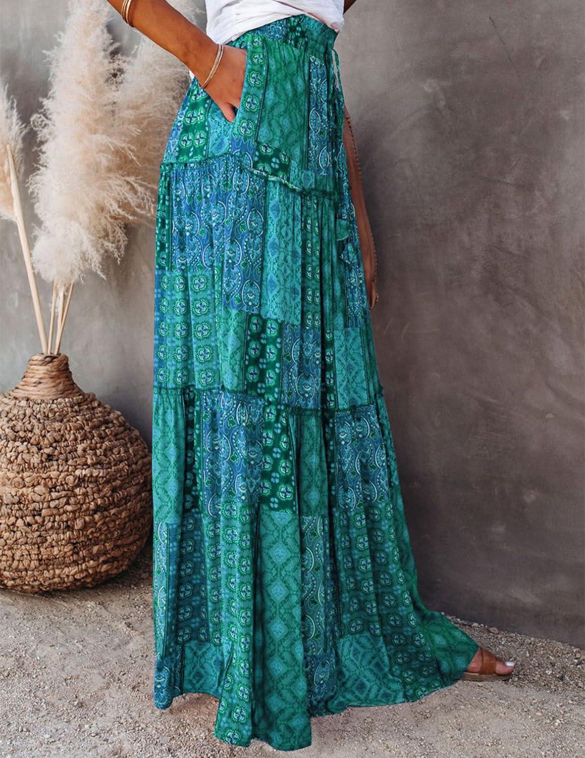 Femme Jupe Maxi Imprimé Robe 2 en 1 Taille Haute Elastique Casual Jupe de Plage Boho Fleurs Été