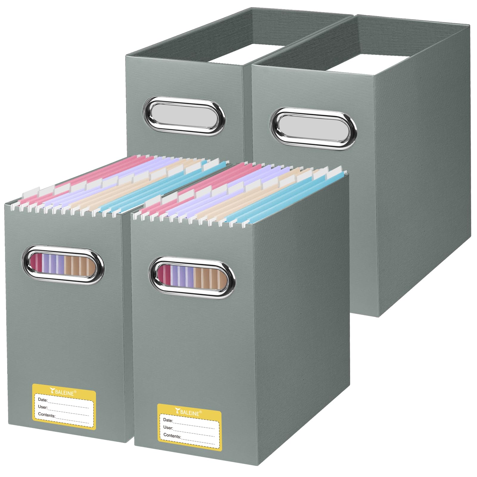 BALEINE Scatola organizer per documenti, in cartone, con manico, per formato lettera, portatile, pieghevole, da appendere, per casa e ufficio (confezione da 4, grigio)