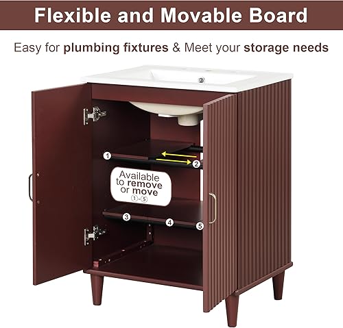 Miniatura 5 de Conjunto de tocador de baño de 24 pulgadas con lavabo, moderno juego de gabinete de baño pequeño individual con 2 puertas de cierre y estante