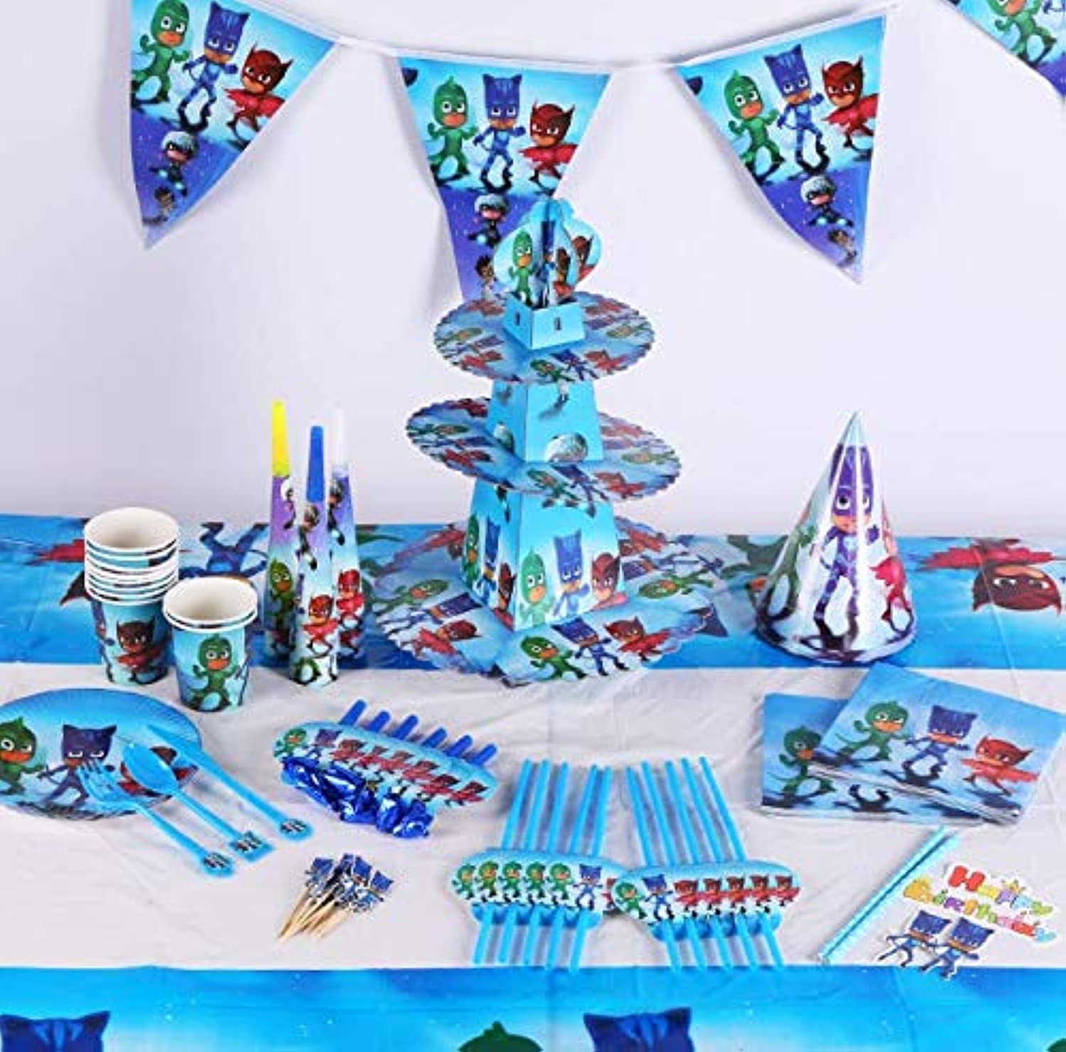 PJ Mask Theme Party Supplies Set for 10 Kids – 136 Pcs Birthday Party Decorations for Kids with Tableware, Cups, Plates, Banner & More | PJ Mask Birthday Decorations for Boys Girls