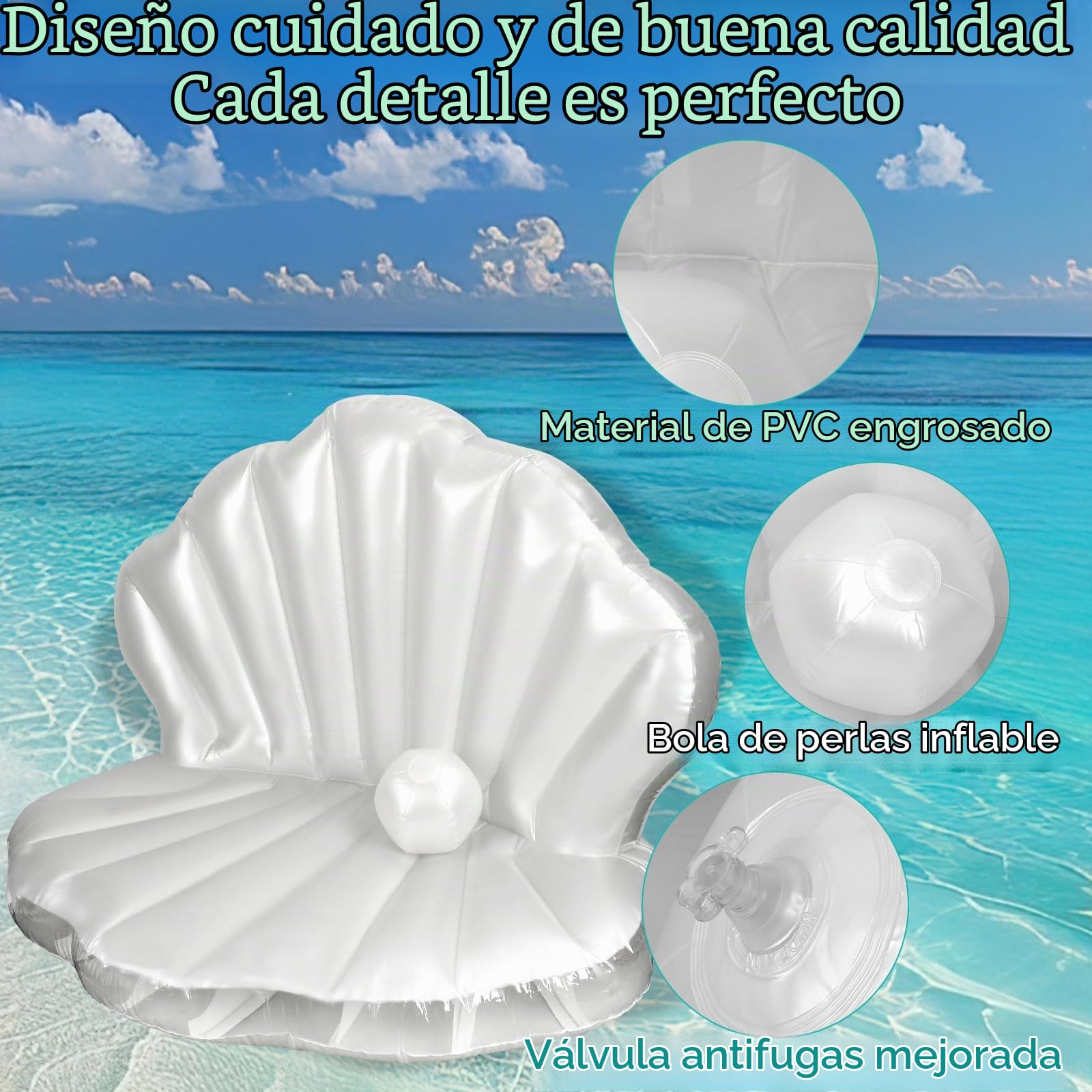 BOXOB Flotador de Piscina de Concha Marina, 144cm Grueso Inflable Gigante con Bola Perla para Despedidas Oltera Temática Oceánica y Verano Playa Divertida Fiesta en la Piscina Decoración