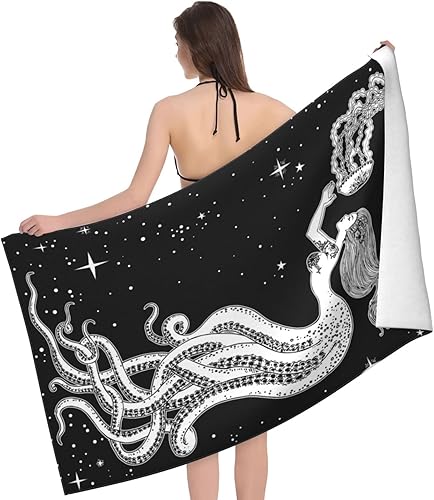 Miniatura 4 de Dujiea Toalla de playa de microfibra, toallas de baño grandes vintage de pulpo de sirena para mujeres y hombres, toallas de baño de secado rápido,