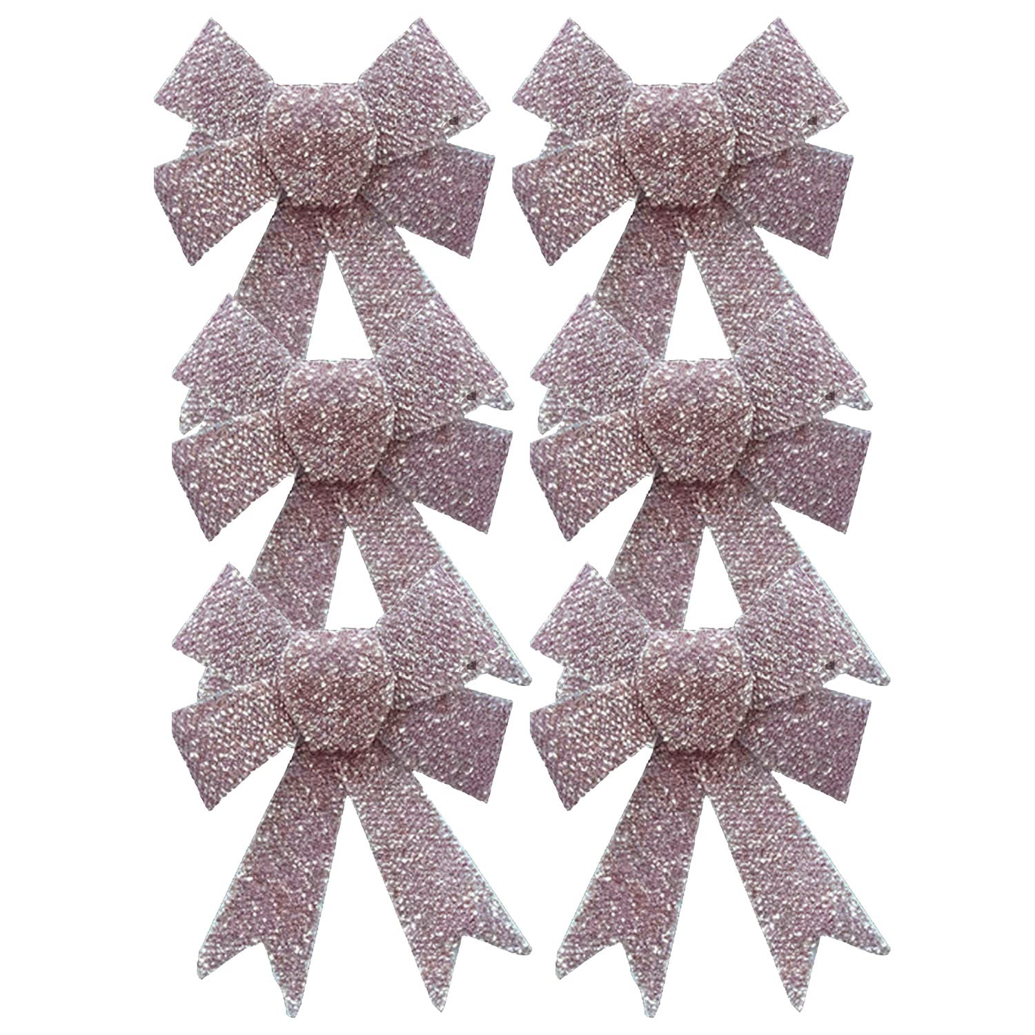 AKH® 5" x 4.5" Sparkling Christmas Glitter Tinsel Bows | Pack of 6 Xmas Bows | Tinsel Effect Christmas Bow Luxury Hanging Indoor Outdoor Christmas Tree Decoration Bows | Twist Tie On (Rose Gold) — image 1