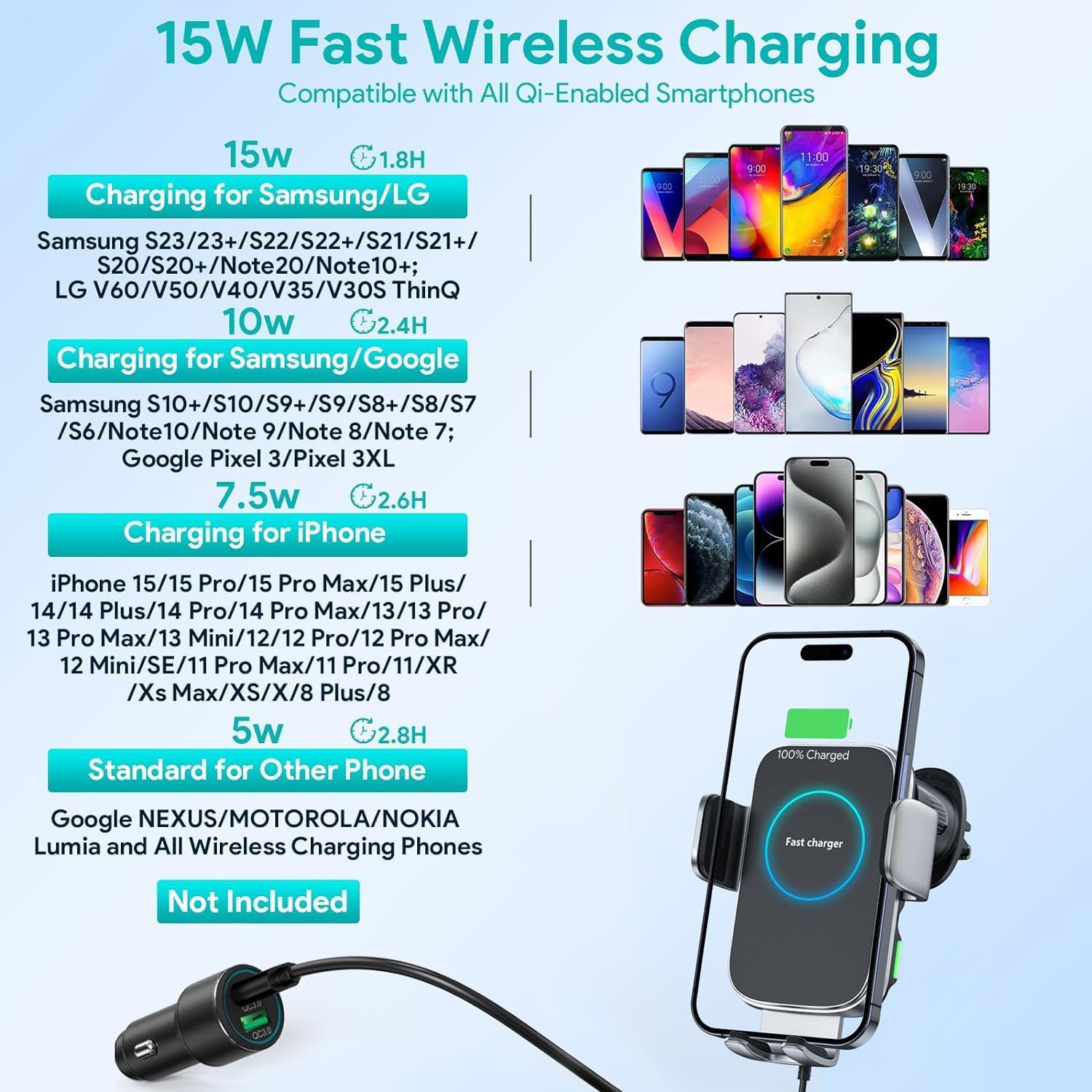Hinyx Kabelloses Auto Ladegerät, Auto Handyhalterung Mit Ladefunktion Automatischer Induktion, Qi 15W Fast Wireless Charger Auto für iPhone 12 Pro Max/XS/11/X/8,Samsung S20/Note10,Huawei LG usw
