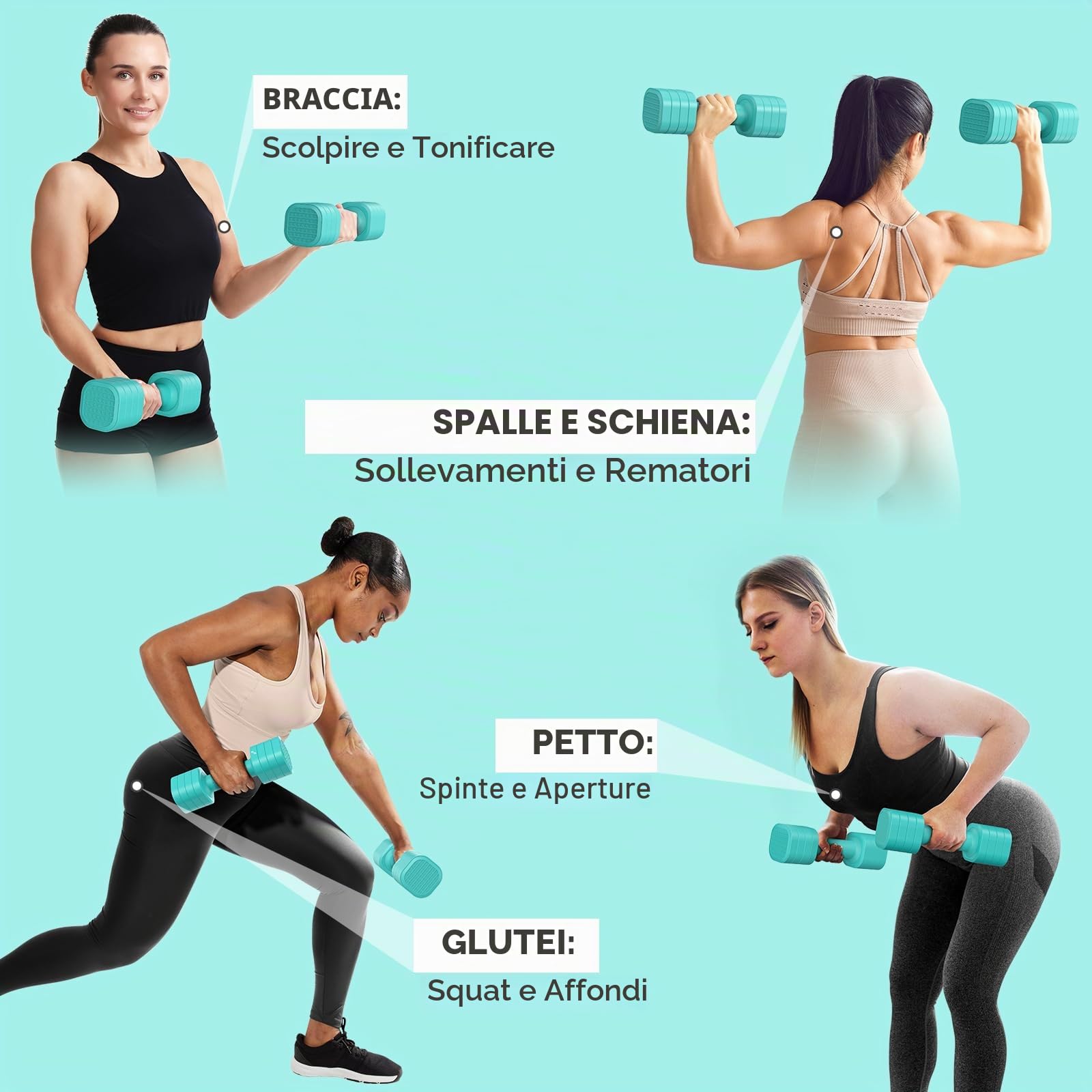 Sportneer Set di manubri da donna, regolabili, da 0,9 a 2,3 kg, set di manubri 4 in 1, pesi compatti per donne, casa, palestra, allenamento fitness (blu)