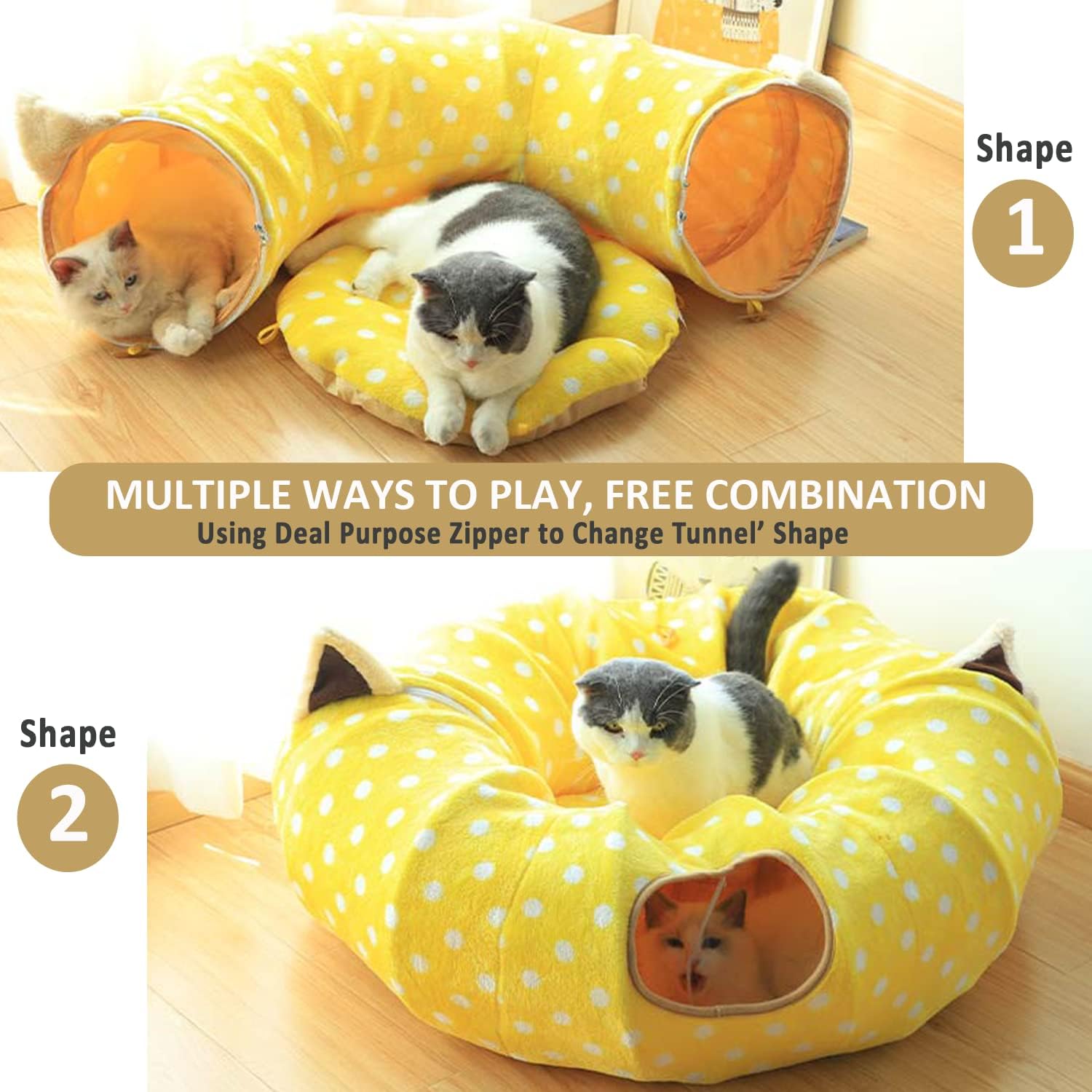 Pink Plush Polka Dot Cat Tunnel Bed with Central Mat