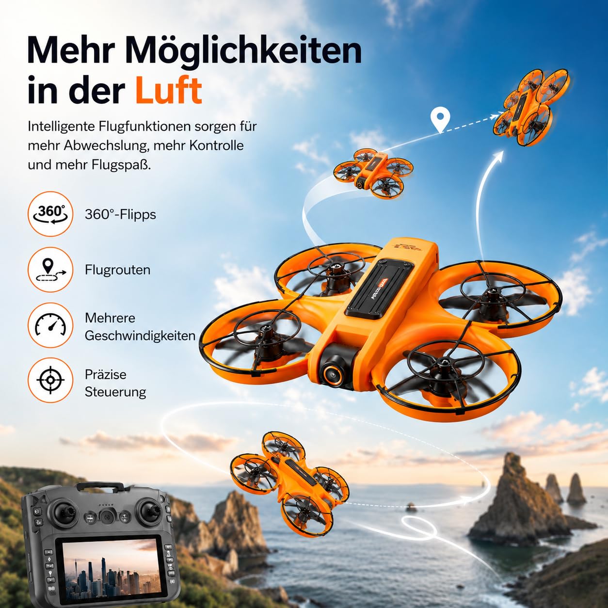 Drohne mit Kamera & Display Fernbedienung, Brushless Motor, Dual Kamera 90° verstellbar, FPV Live-Übertragung, Optical Flow, 360° Flip, LED, Anfänger & Kinder geeignet (Orange, Akkus: 3 St.)