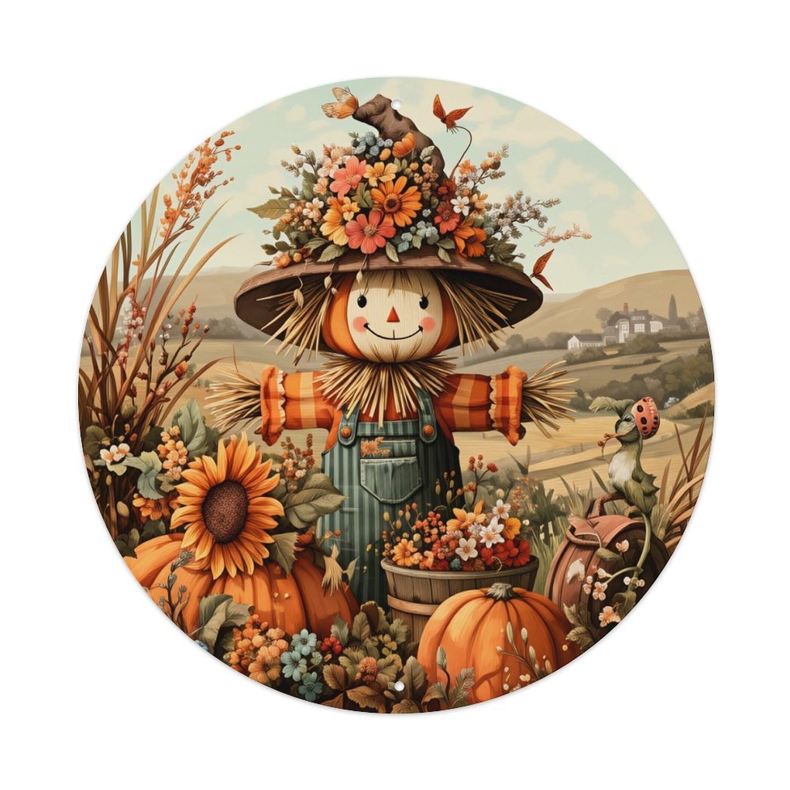 Autumn Scarecrow Pumpkin Flowers Field Round Tin Sign Vintage Metal Poster, Home Bar Garage Man Cave Cafe Indoor & Outdoor Wall Decoration 8x8Inches