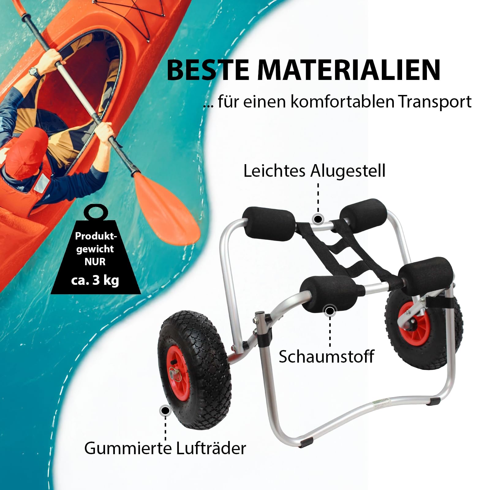 TRUTZHOLM Kajakwagen klappbar aus Aluminium mit Schaumstoff-Polsterung Lufträder Kanuwagen bis 80 kg Transportwagen für Wassersportgeräte Kajakwagen SUP Wagen Bootswagen Surfwagen inkl. Spannriemen