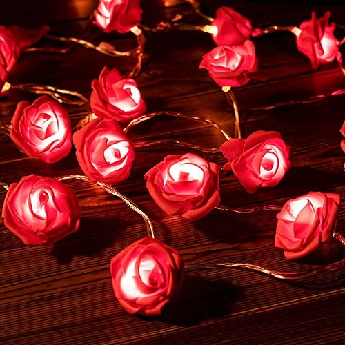 Miniatura 4 de Guirnalda de luces de rosas con 20 luces LED románticas de rosas rojas rosas y blancas 10 pies guirnalda de flores artificiales para el día de San