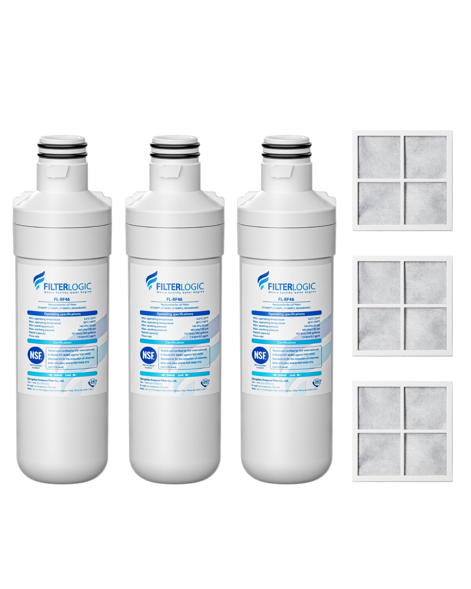Filterlogic LT1000PC ADQ747935 MDJ64844601 NSF Certified Refrigerator Water Filter and Air Filter, Replacement for LG® LT1000P®, LT1000PC, LT-1000PC, MDJ64844601 and LT120F®, 3 Combo | Fridge.com