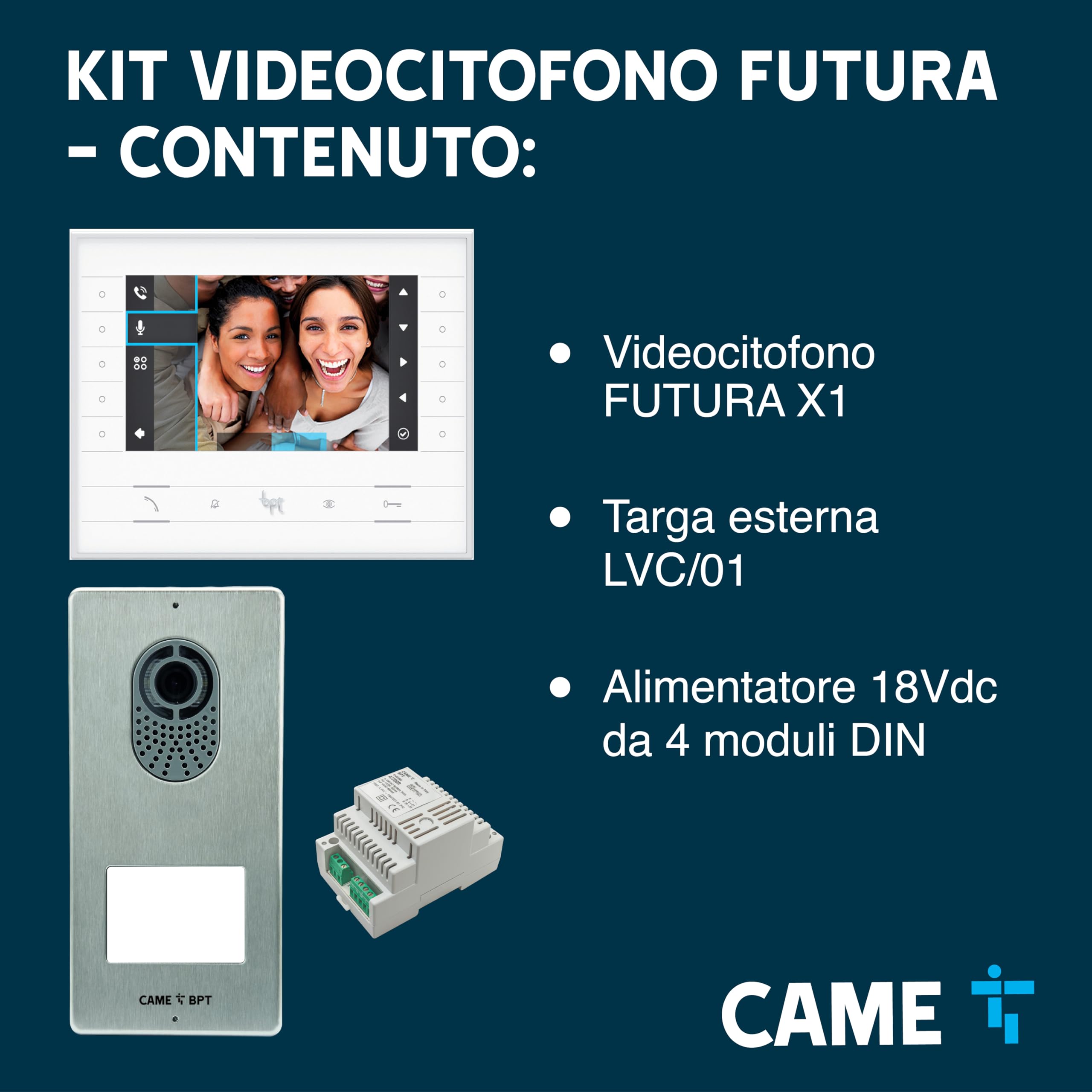 CAME Kit videocitofonico monofamiliare include videocitofono bianco FUTURA X1 vivavoce display LCD 7˝ tasti soft touch, targa esterna LCV/01, pulsante singolo con targhetta porta-nome e alimentatore