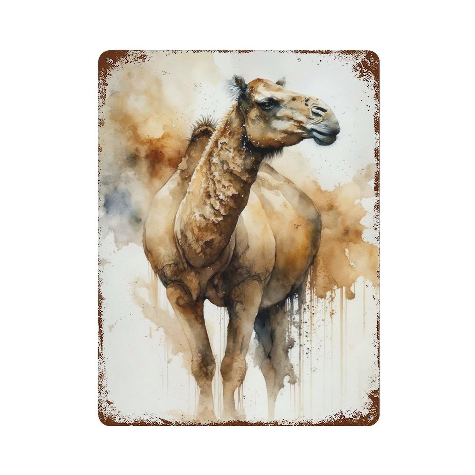 Camel Watercolor Vintage Wall Sign 15.7"x11.8", Rust Effect Metal Decor for Basement, Hobby Room And Garage Decor