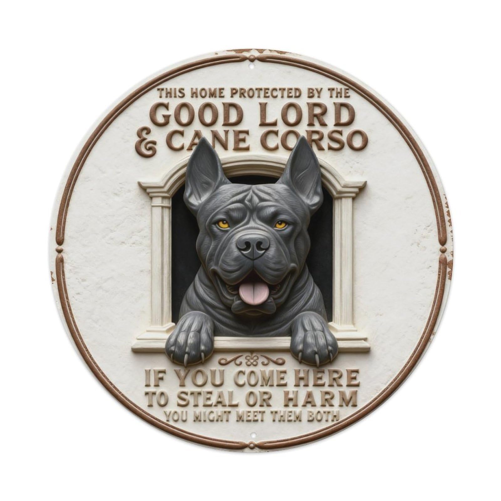 Cane Corso Dog With Columns And Warning Text Round Metal Tin Sign Vintage Wall Decor, Bar Garage Cafe Kitchen Home Wall Art Poster 8x8inches