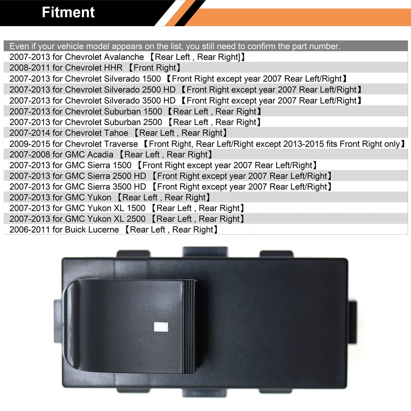 Power Window Switch Passenger Side - Fits 2007-2014 Chevy Silverado, Tahoe, Suburban, GMC Sierra, Yukon, Buick Lucerne