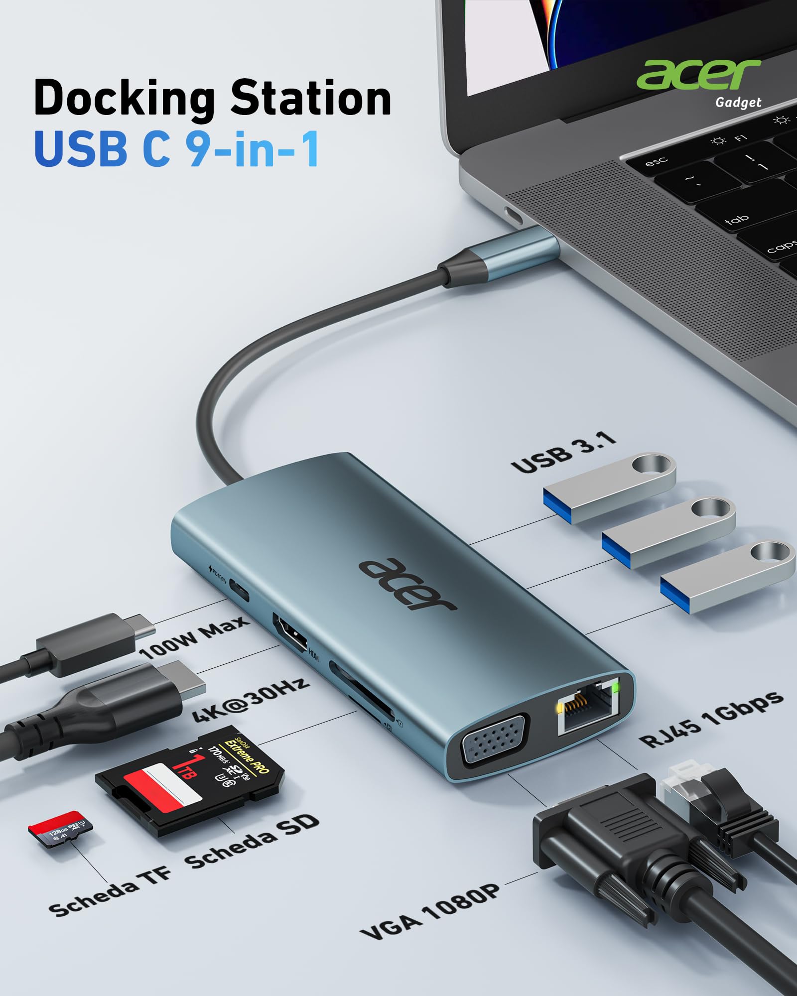 Acer HUB USB C, Adattatore USB C con HDMI 4K a VGA, Ethernet Gigabit, 100W PD, Lettore di Schede SD/TF, 3 USB, Docking Station USB C per MacBook, Laptop, PC