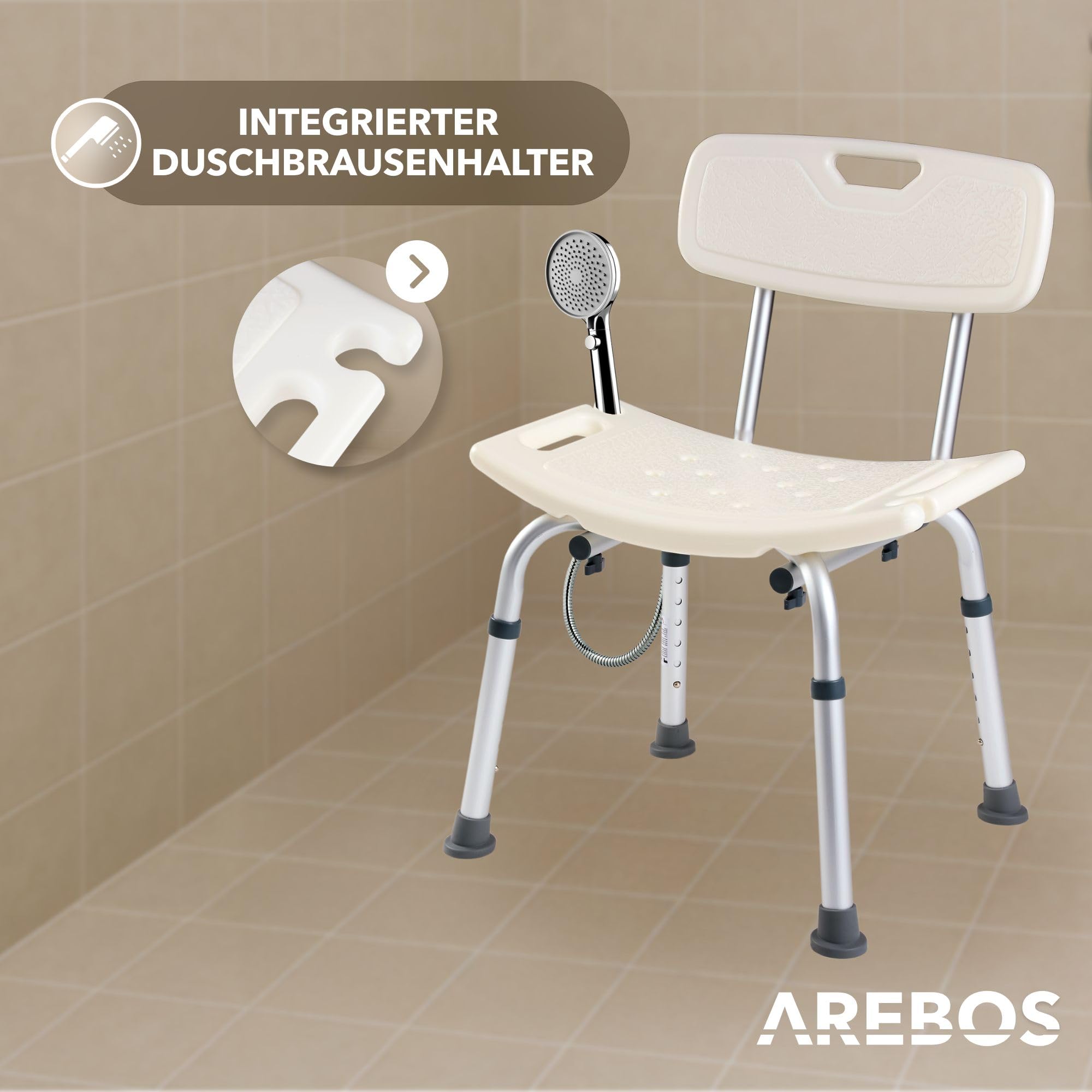 Arebos Duschhocker mit Rückenlehne & Brausenhalterung | Höhenverstellbarer Badestuhl 40–54 cm | rutschfeste Gummifüße | Leicht & Stabil | Bis 100 kg belastbar | Ideal für Senioren & Pflege