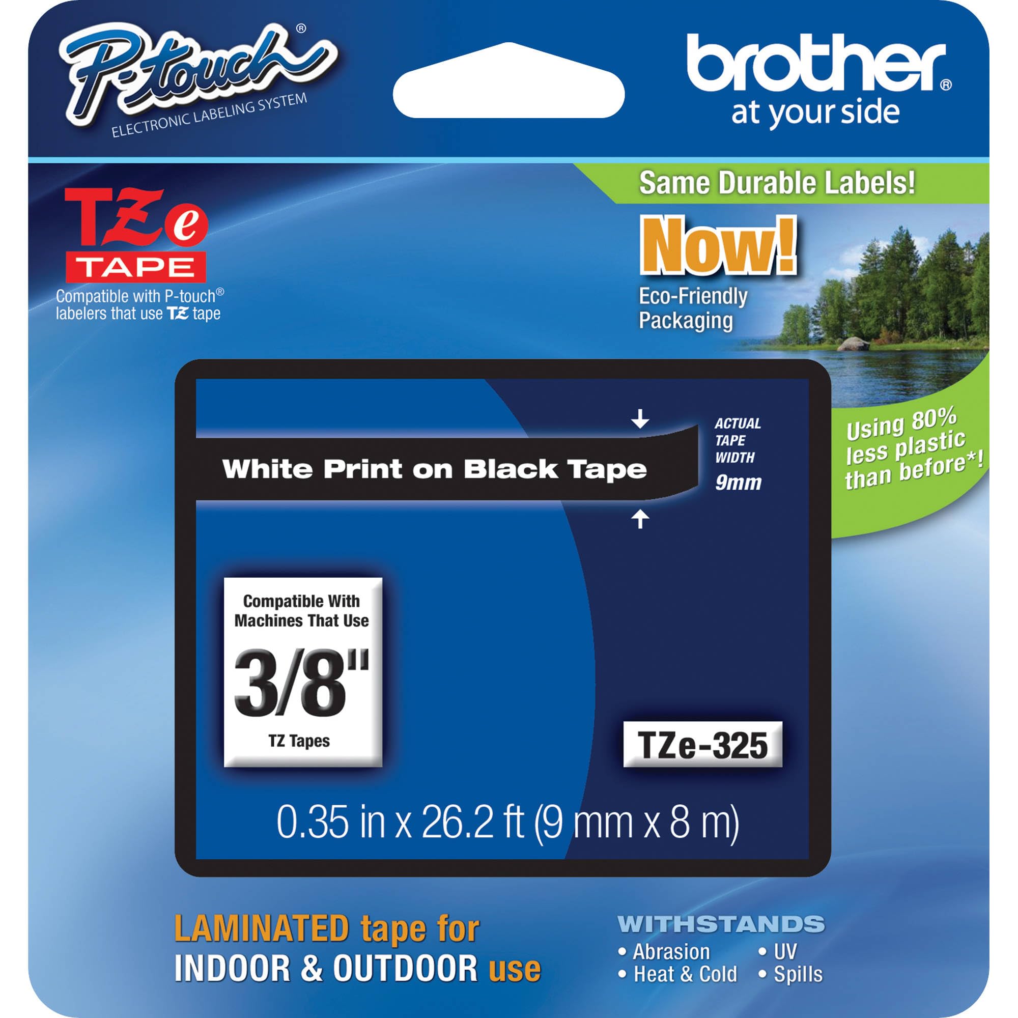 BrotherGenuine P-touch TZE-325, 3/8" (0.35") Wide Standard Laminated Tape, White Print on Black Tape, Laminated for Indoor or Outdoor Use, Water-Resistant, 0.35" x 26.2', Single-Pack, TZE325