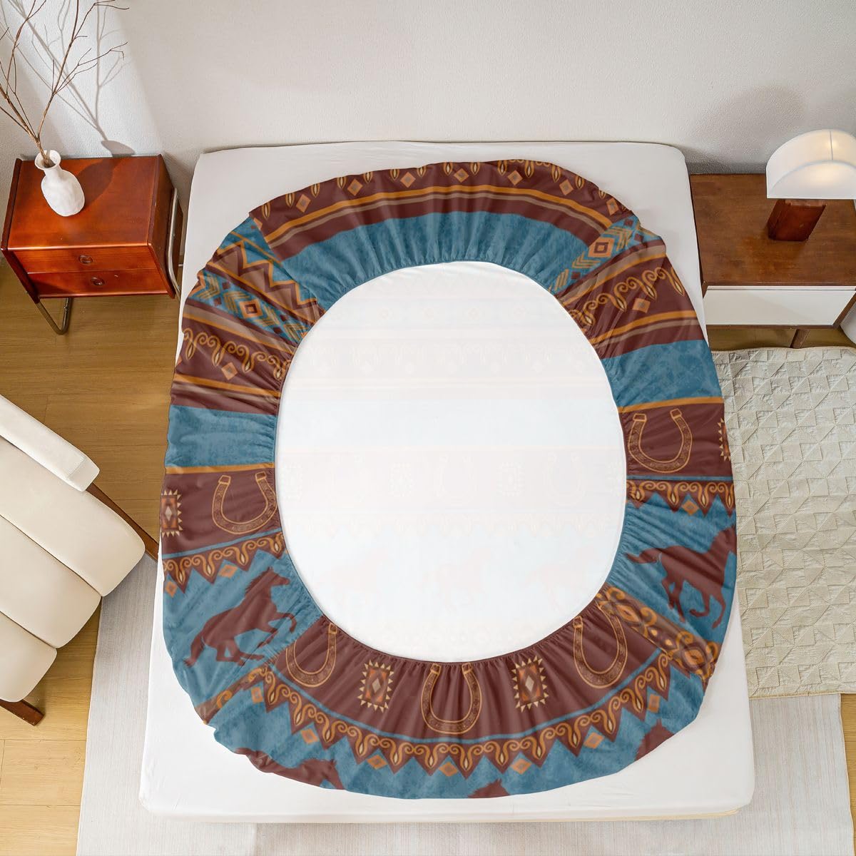 Homewish Western Cowboy prześcieradła King Rustykalne południowo-zachodnie prześcieradło z gumką, głęboka kieszeń, 40 cm, niebieski i brązowy, plemienny, aztecki zestaw pościeli, dzikie konie, podkowa
