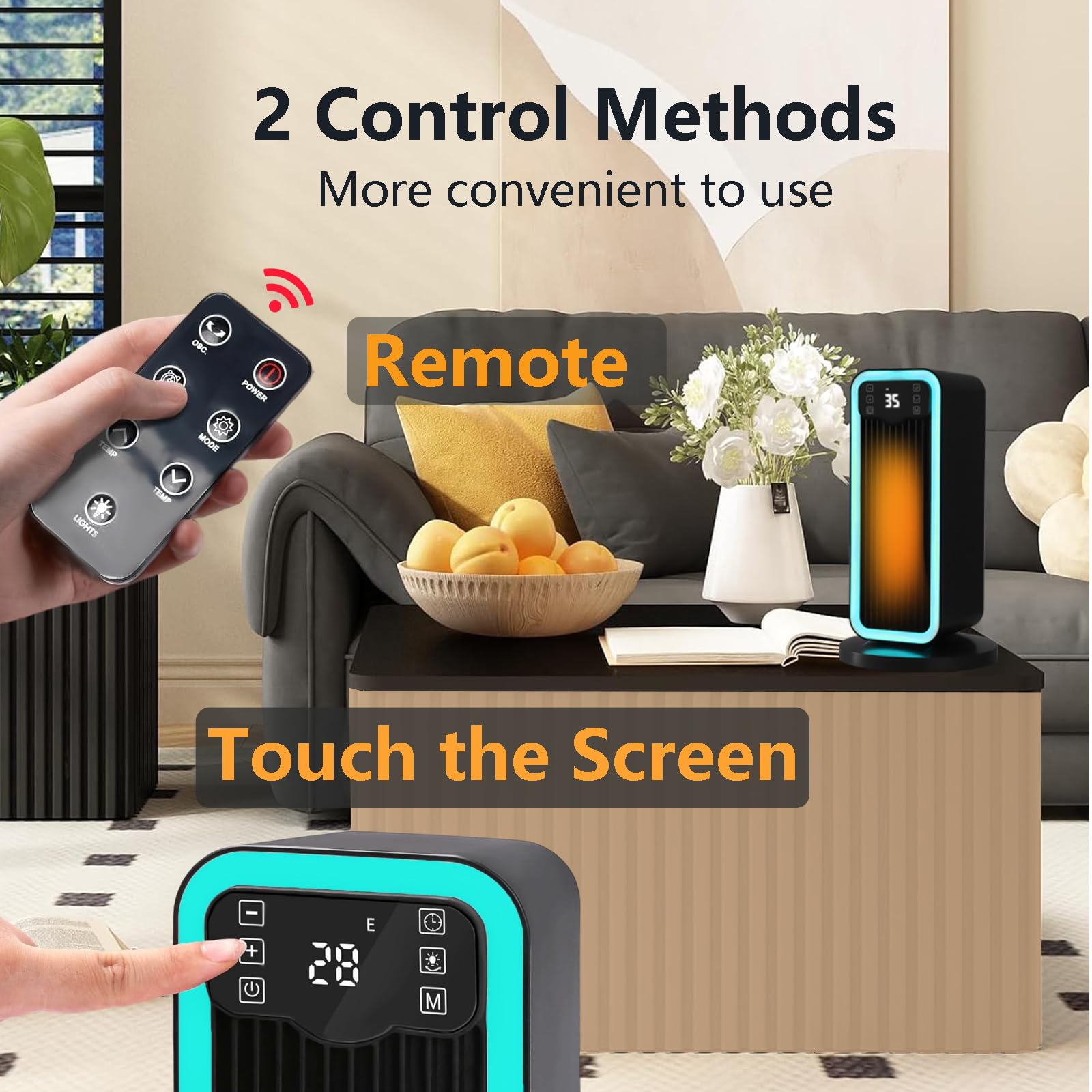 Calefactor Bajo Consumo, 1500W PTC Ceramico Radiador Electrico Portátil con Termostato, Remoto, Oscilación 70°, Temporizador 12H, Protección Contra Sobrecalentamiento y Vuelco, Dormitorio