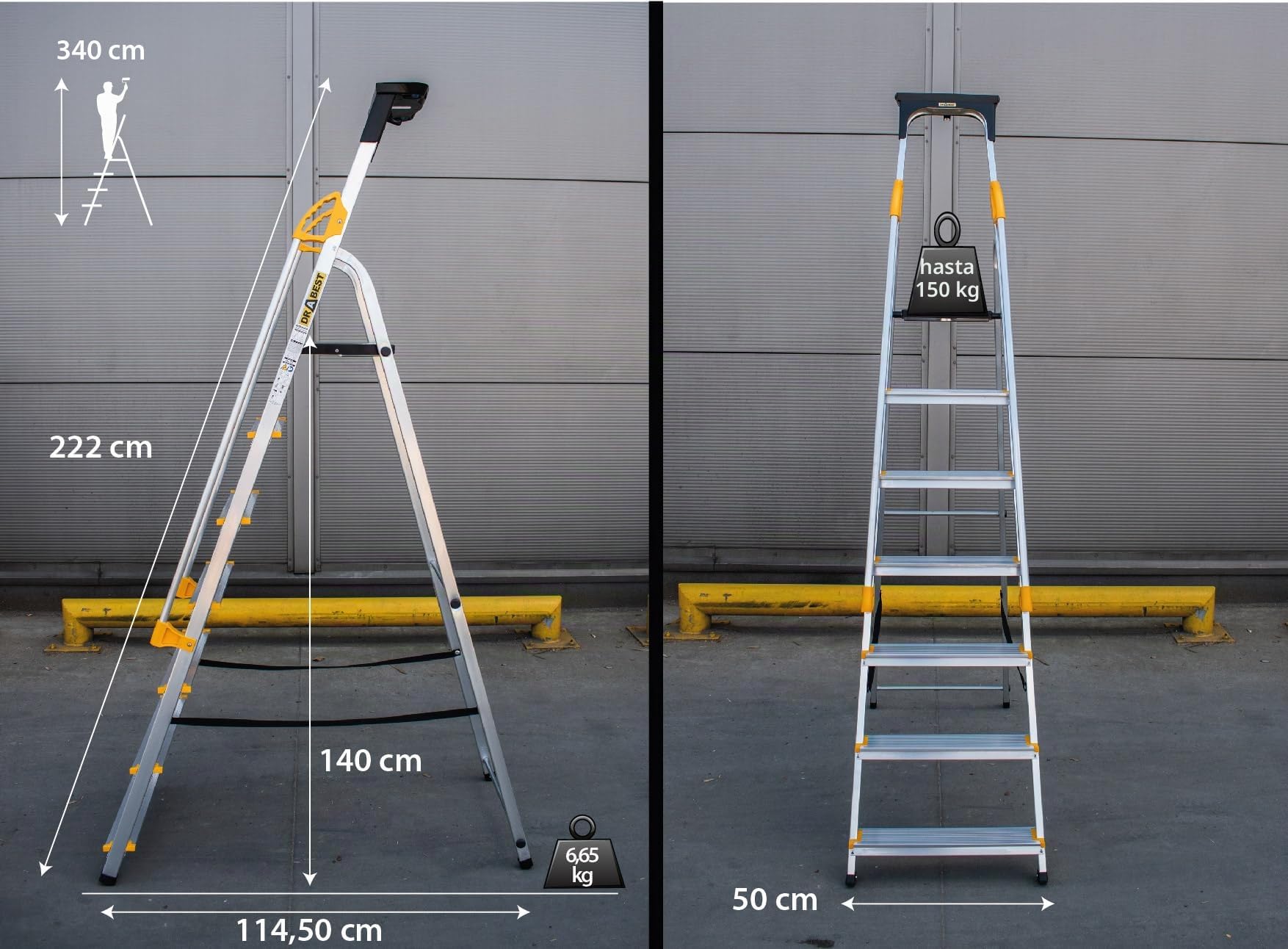 DRABEST Escalera serie PRO escalera de aluminio 7 peldaños peldaño plegable con pasamanos de seguridad Escalera de tijera cargable hasta 150 kg