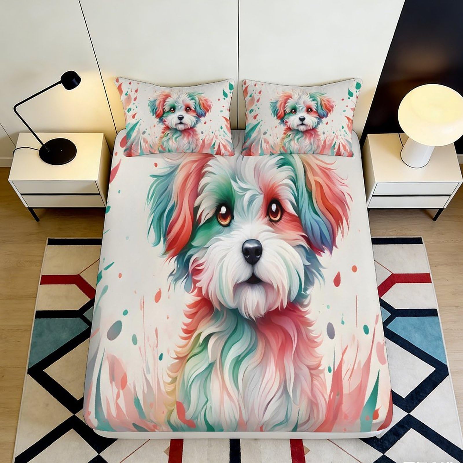 3D Printed Colorful Dog Art Fitted Sheet Microfiber Soft Breathable Splash Pattern Mattress Cover for Bedroom Dorm Decor 200x200x25cm
