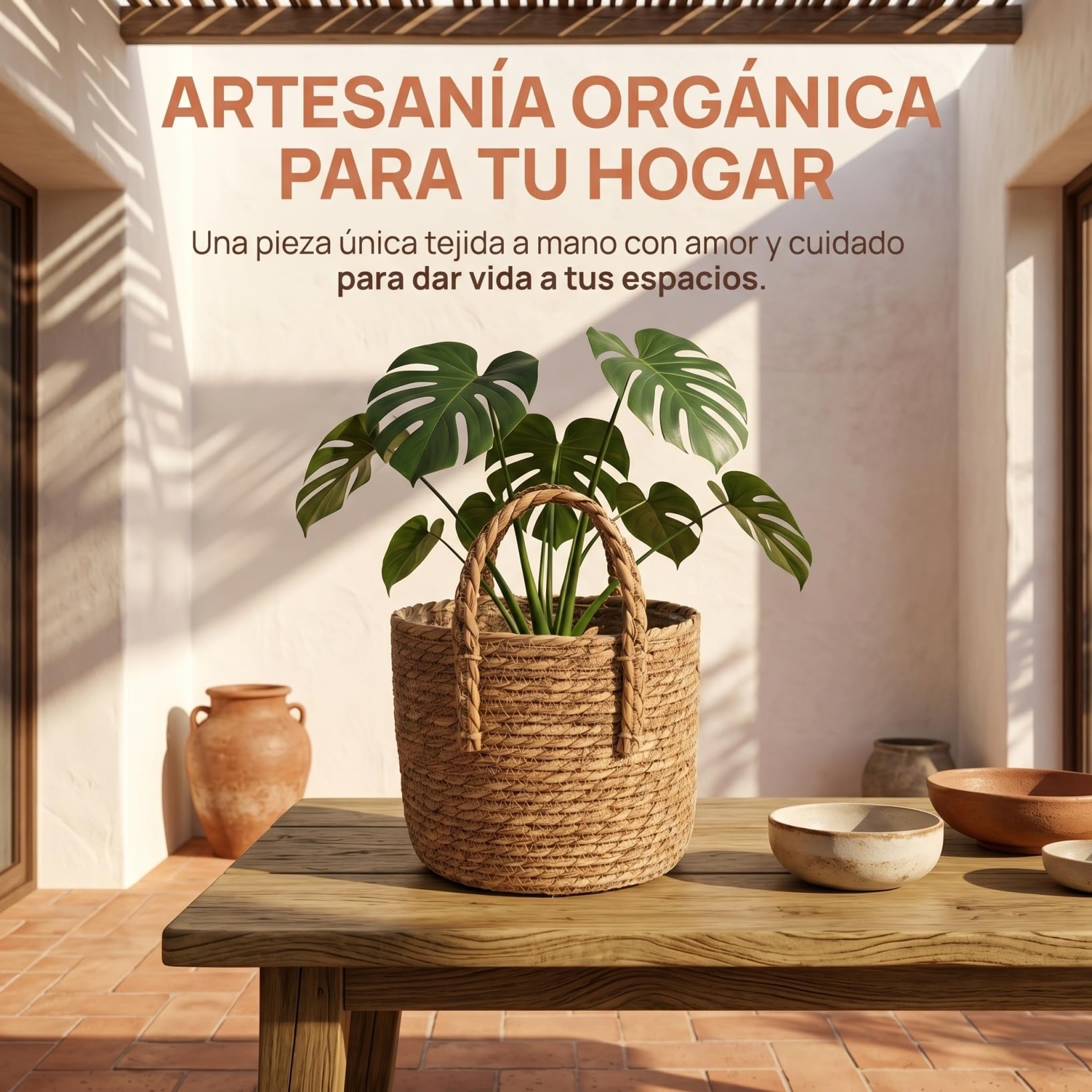 Baluue Cesta de Plantas Macetas de Interior Tejidas de 28cm Cesta de Paja Tejida a Mano con Forro Impermeable, Maceta Rústica Estilo Boho para Hogar, Salón y Oficina