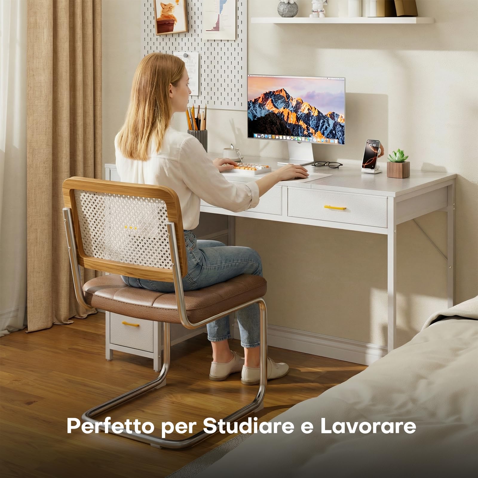 SOLAVERO Scrivania con 6 Cassetti in Tessuto, 120 x 50 cm Scrivania Salvaspazio Reversibile, Tavolo Computer per Casa Ufficio, Camera da Letto, Soggiorno, Bianco