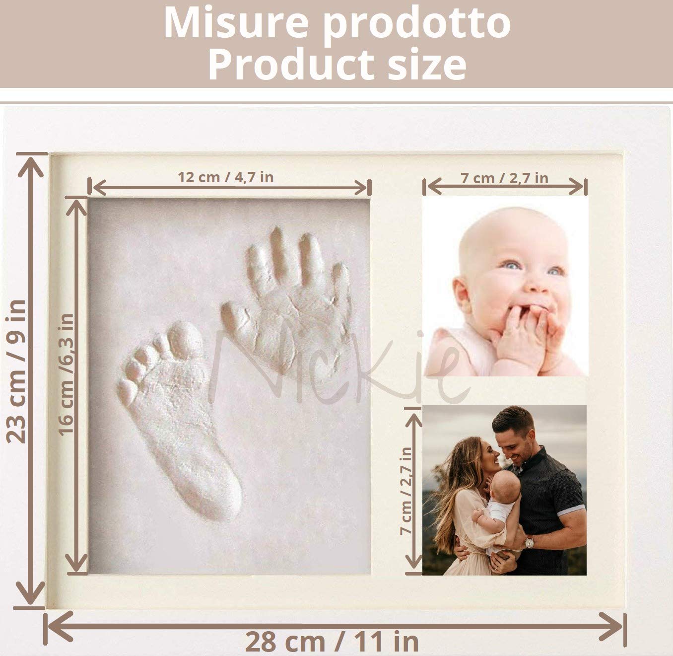 NICKIE Cornice impronte neonato - Kit impronta neonati 4 colorazioni in regalo - Quadretto impronte neonate da parete e da tavolo - Idea regalo per nascita bambino e bambina - Set impronte neonata