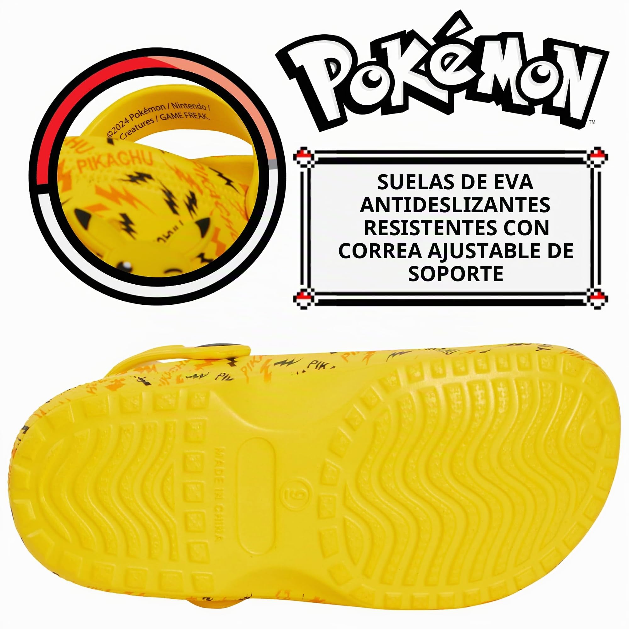 Pokémon Zuecos Pikachu con Charms, Sandalias para niños, Chicos y Chicas, Sliders de Verano con Correa en el Tobillo, Zapatos de Playa para Las Vacaciones
