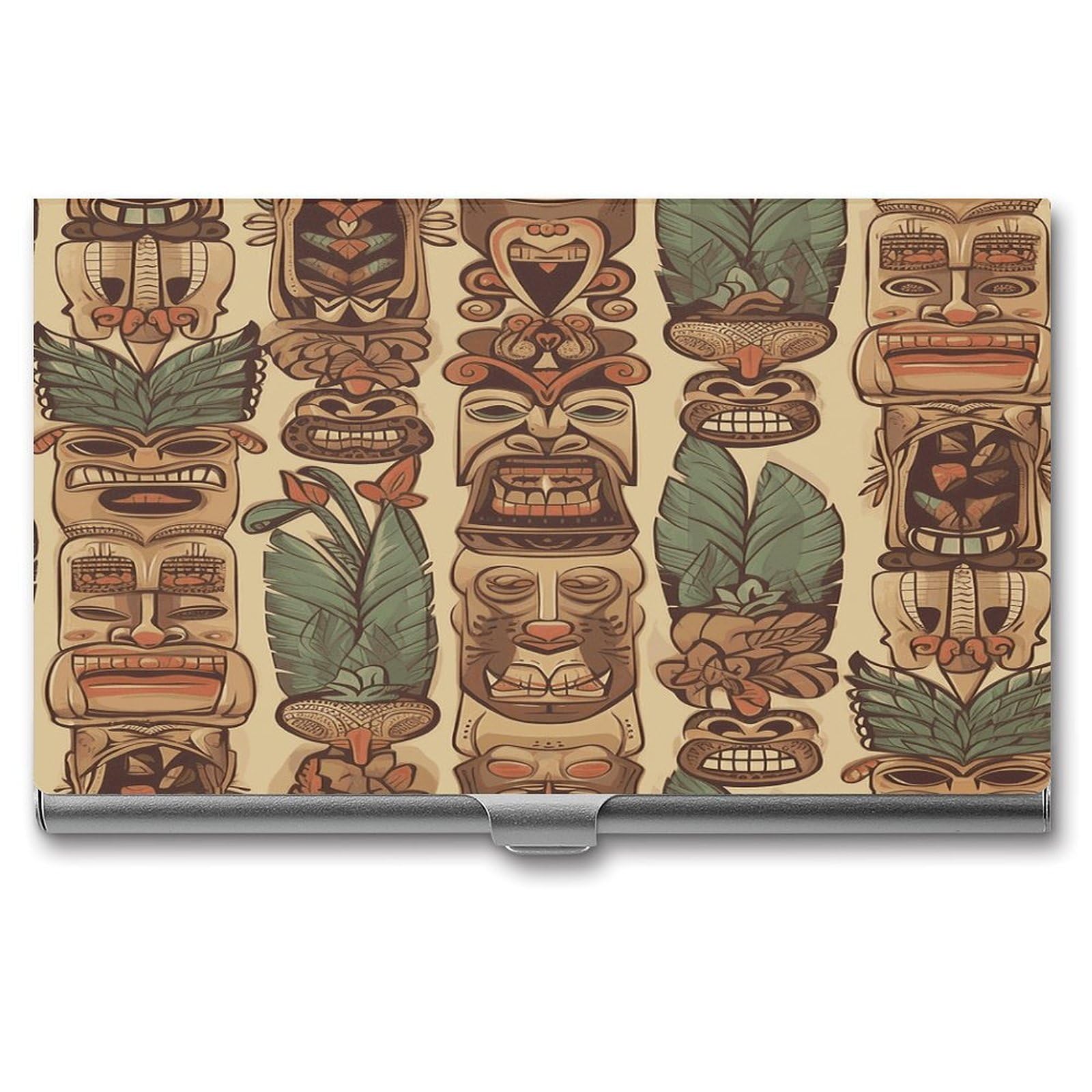 Ldgsuph Men's Style Vintage Aloha Tiki Business Card Holder Fashion Slim Name Card Holder Minimalist Design Case Metal Card Carrier Personalized Business Card Case With Flip For Wo
