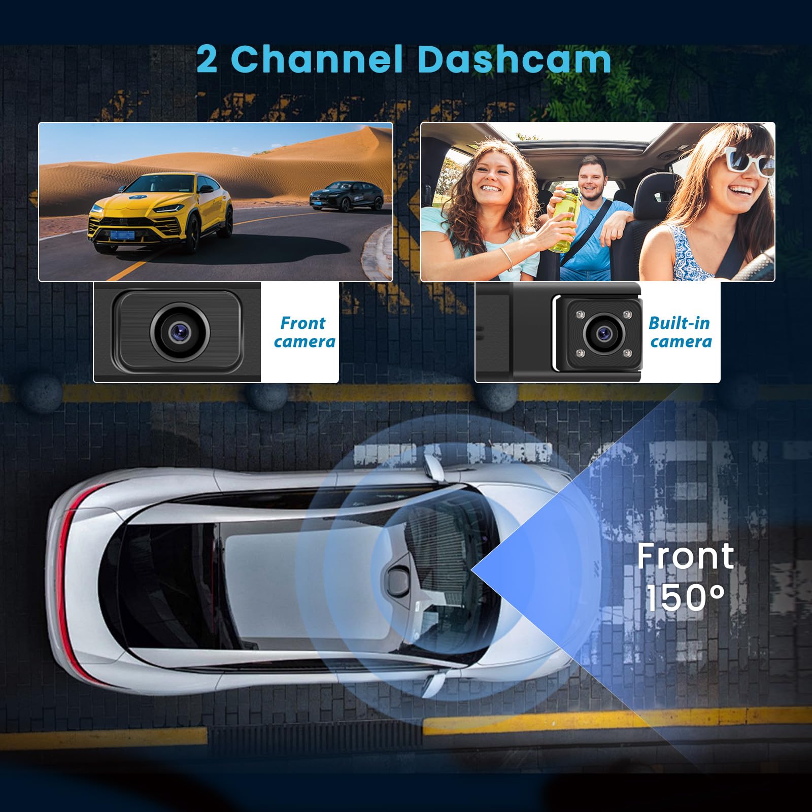 Inefala WiFi Dash CAM Coche con Tarjeta SD de 64GB, Camara Coche Grabadora con 2 Camaras 1080P Frontal e Interior, Grabación en Bucle Sensor G Visión Nocturna
