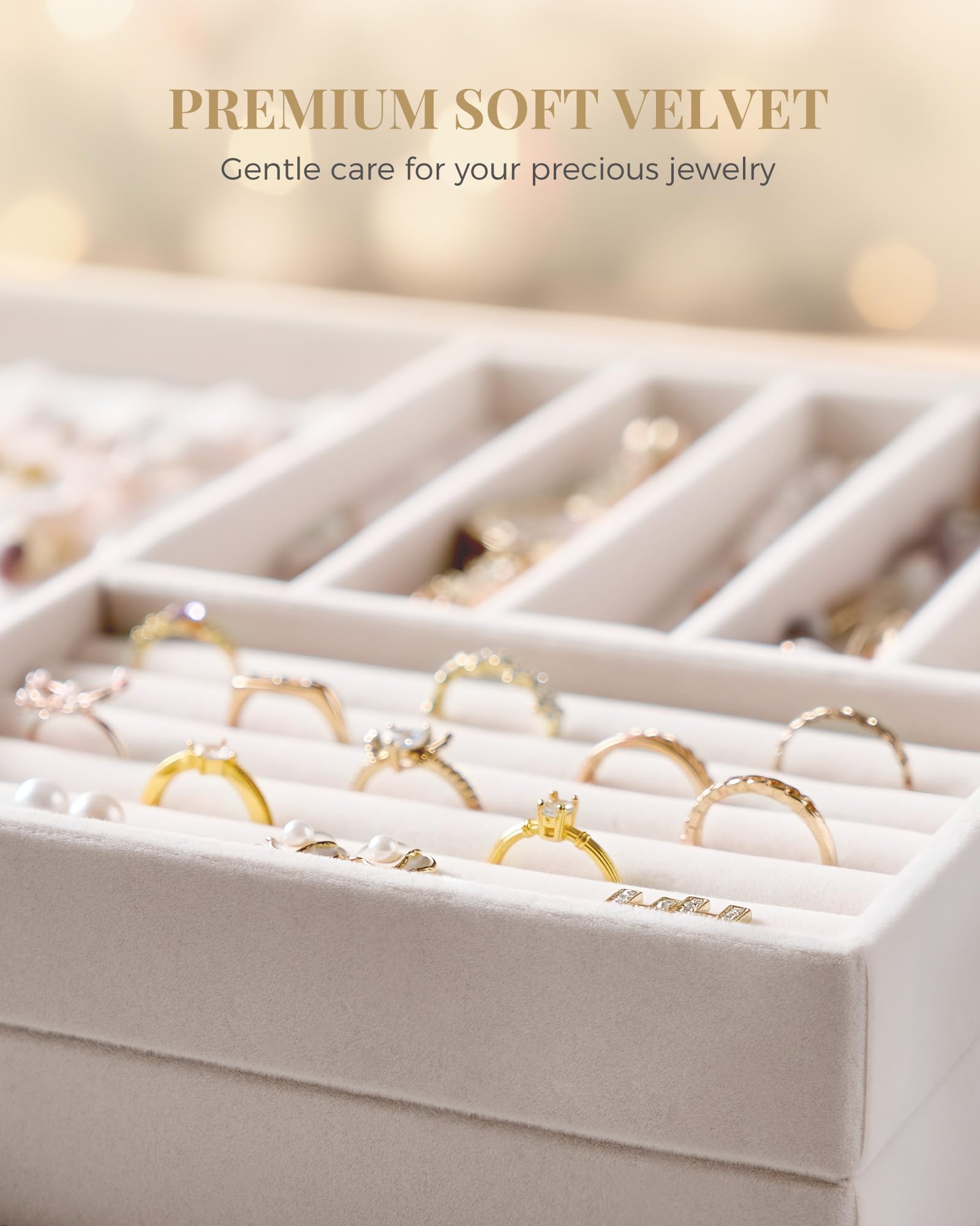 Lolalet Insertos para Cajón de Joyas, Bandejas Apilables de Terciopelo, Juego de Organizadores y Expositores para Collares, Pulseras, Aretes, Anillos, Cadenas, Brazaletes, Relojes - Beige, Juego de 4 — view 7