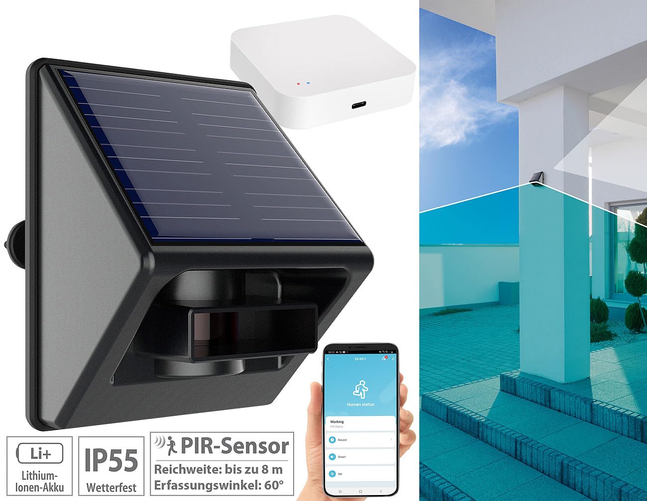 Luminea Home Control App-Bewegungsmelder: Outdoor-PIR-Sensor mit ZigBee-WLAN-Gateway und Solarpanel, IP55 (Outdoor ZigBee Motion Sensor, Akku Bewegungsmelder aussen)