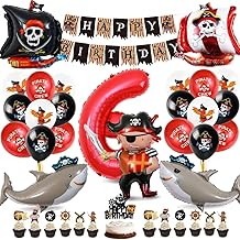 Pirate Birthday Decoration, 6 Years Old Boys Pirate Birthday Decoration, Balloon Number 6 with Happy Birthday Banner, Pirate Balloon and Cake Topper for Boy Girl Birthday