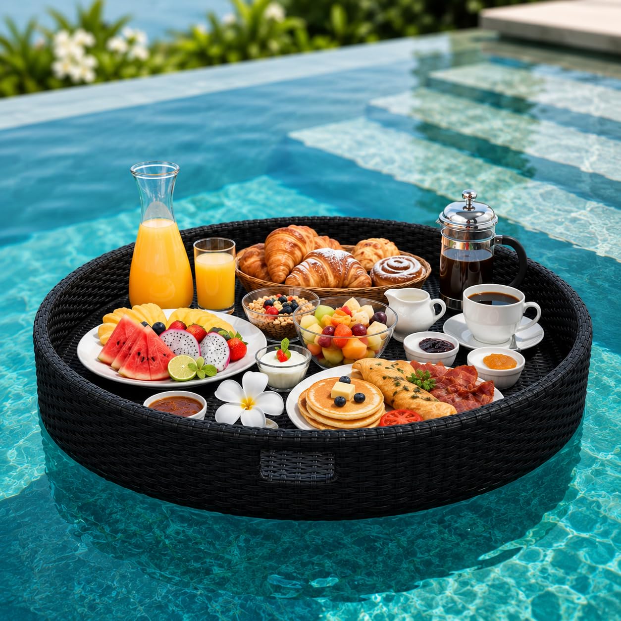 Bandeja de Servir Flotante de Ratán, Mesa de Piscina con Asas Black | Dos Aberturas Opuestas Facilitan el Transporte Equilibrado; el Núcleo Flotante Sólido no Necesita Inflado ni Bomba de Aire.