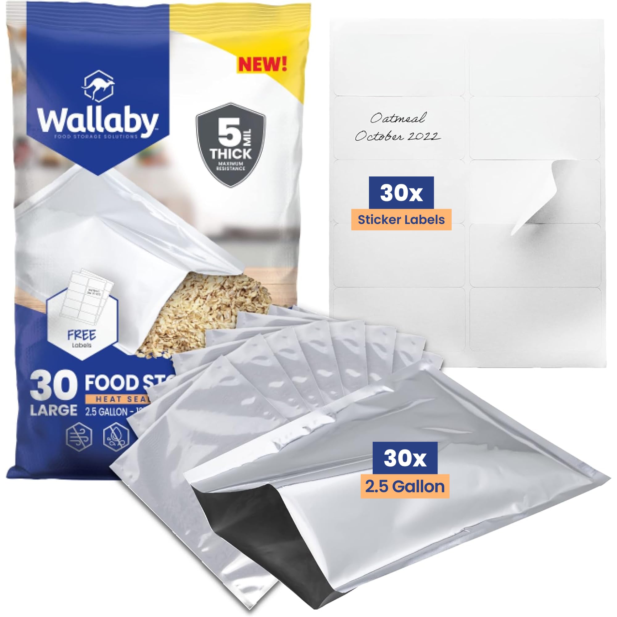Wallaby 2.5-Gallon Open Top 10 Mil Mylar Bags, Sticker Labels (30-Pack)