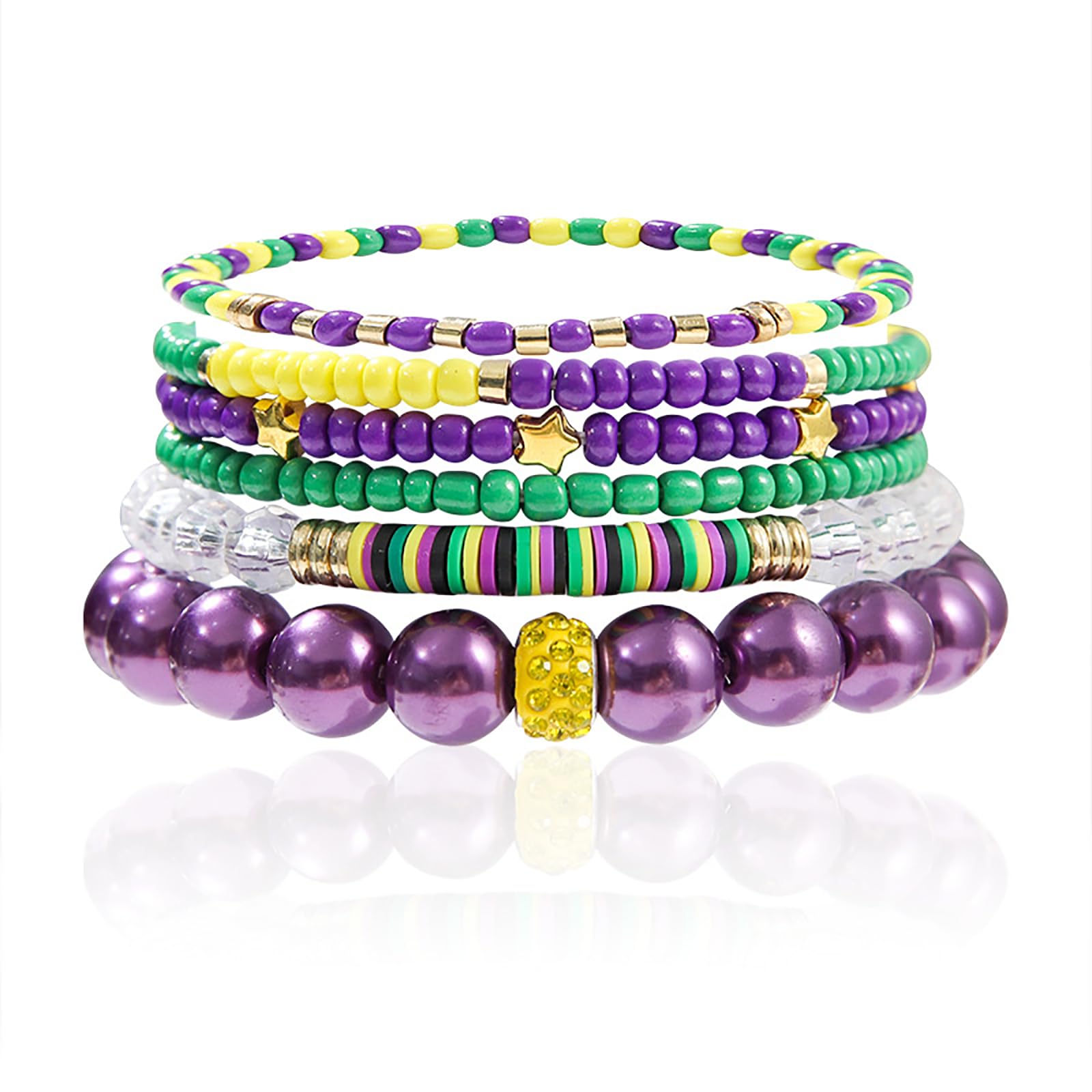 kepvrio MardiGras Bracelets for Women Glitter Mask Crown Beaded Bracelet Set MardiGras Purple Green Surfer Heishi Bracelets Charm Bracelets Carnival